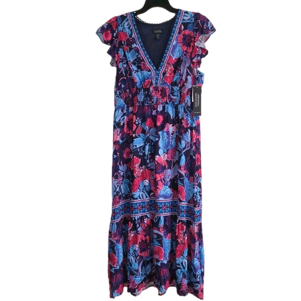 Adrianna Papell Boho Floral‎ Multi Midi Dress Sz14 Smocked Waist Flutter Sleeve - Picture 5 of 14